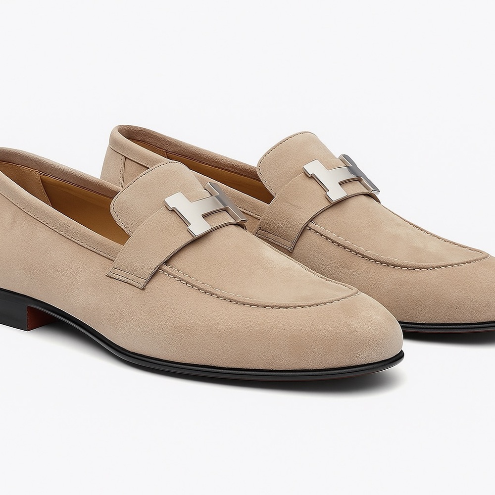 Hermes Light Tan Loafers with Silver Accent New !!